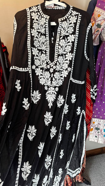 Pure Cotton Black and White Handwoven Chikankari Long Kurti