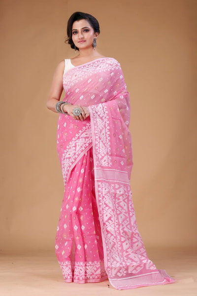 Pink Jamdani Saree: Soft Cotton Muslin, Handloom Woven with Cutdana work