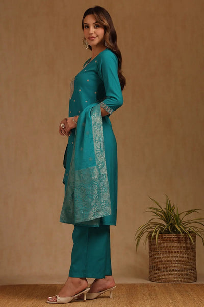 Teal Green Soft Silk Embroidered Suit Set With Thread Work