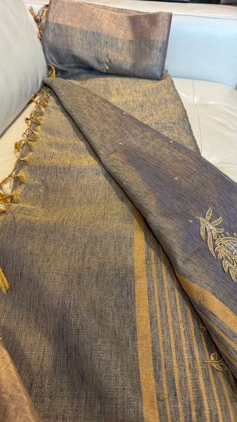 Dual Tone Grey Silver Gold Tone Tissue Linen Saree