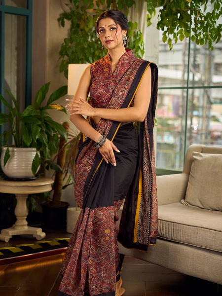 Rust-Brown Chanderi Kalamkari Floral Chanderi Saree with Contrast Black Pallu
