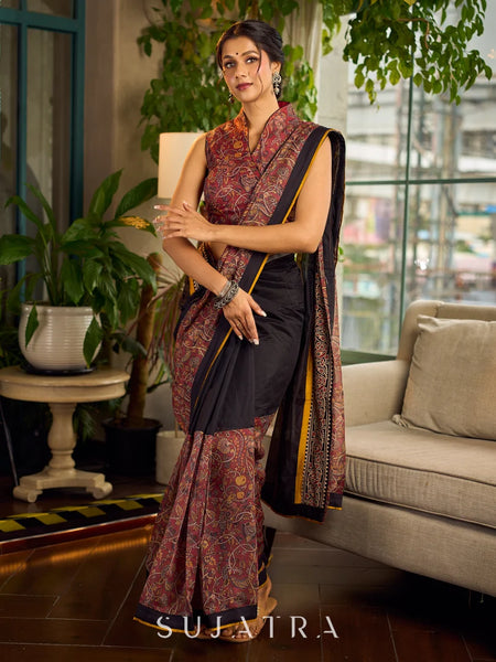 Rust-Brown Chanderi Kalamkari Floral Chanderi Saree with Contrast Black Pallu