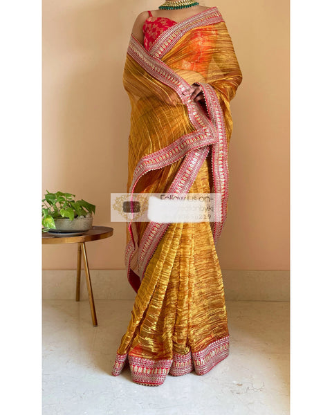 Gold Zari Tissue Saree with Red Border