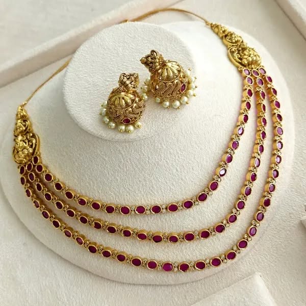 Ruby Gold Laxmi Necklace Temple Set with Earrings