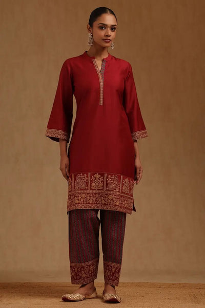 Maroon Chanderi Solid Suit Set With Zari