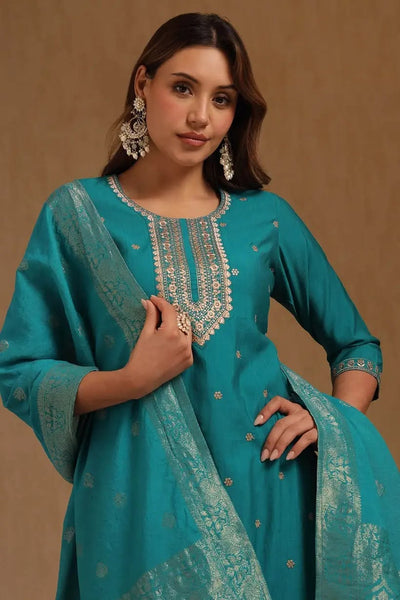 Teal Green Soft Silk Embroidered Suit Set With Thread Work