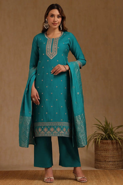Teal Green Soft Silk Embroidered Suit Set With Thread Work