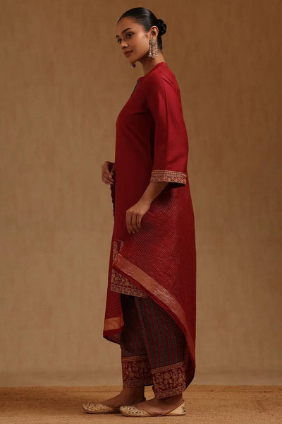 Maroon Chanderi Solid Suit Set With Zari