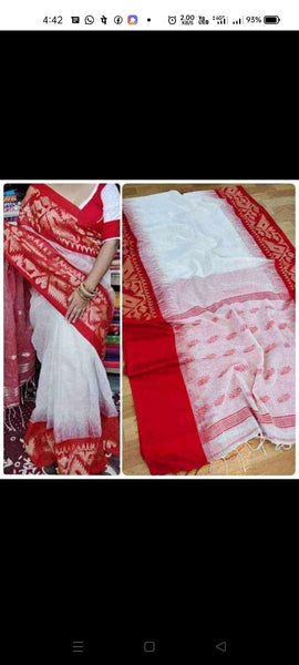 WHITE & RED ORGANIC LINEN JAMDANI SAREE