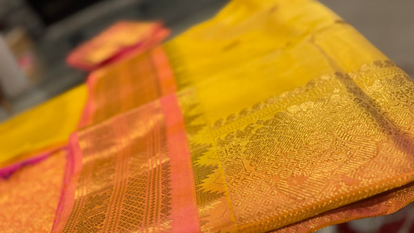 Yellow and Coral Pink Pure Silk Handloom Gadwal Saree