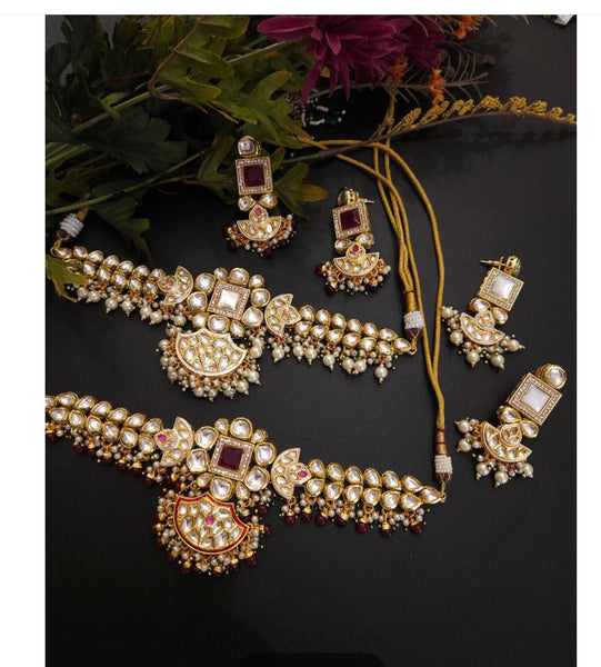 Red High Quality Kundan Choker Necklace Set with Matching Earrings.