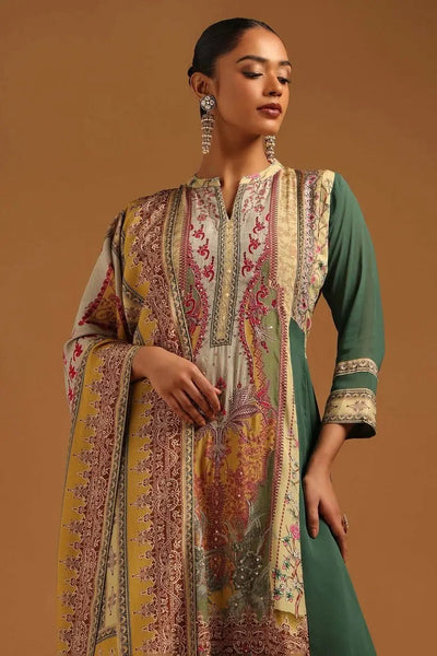 Green Georgette Botanical Printed Salwar Suit With Zari Embroidery And Sequins