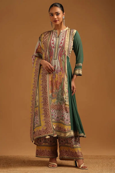 Green Georgette Botanical Printed Salwar Suit With Zari Embroidery And Sequins
