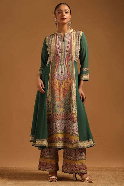 Green Georgette Botanical Printed Salwar Suit With Zari Embroidery And Sequins