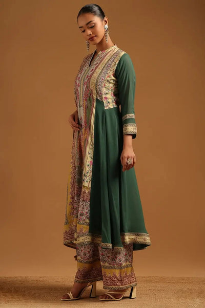 Green Georgette Botanical Printed Salwar Suit With Zari Embroidery And Sequins