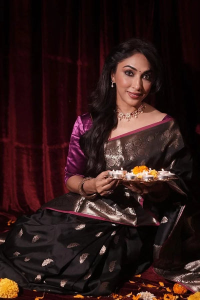Black Silk Banarasi saree with Pink Border