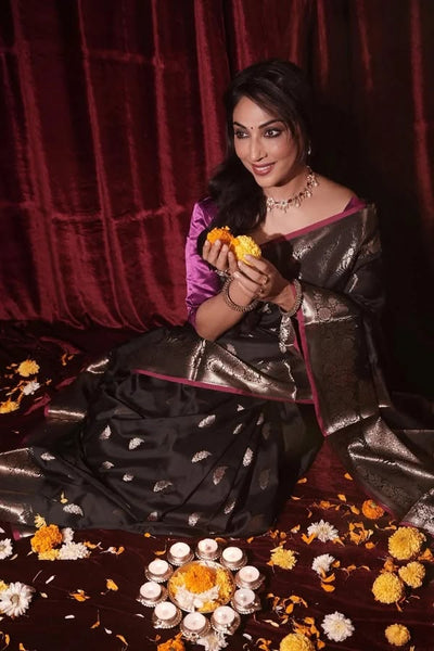 Black Silk Banarasi saree with Pink Border