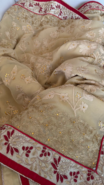 Sandy Off White Georgette Silk Saree with Red Border