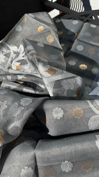 Grey Dual Tone Gold and White Resham Silk Muslin Jamdani Saree