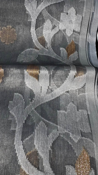 Grey Dual Tone Gold and White Resham Silk Muslin Jamdani Saree
