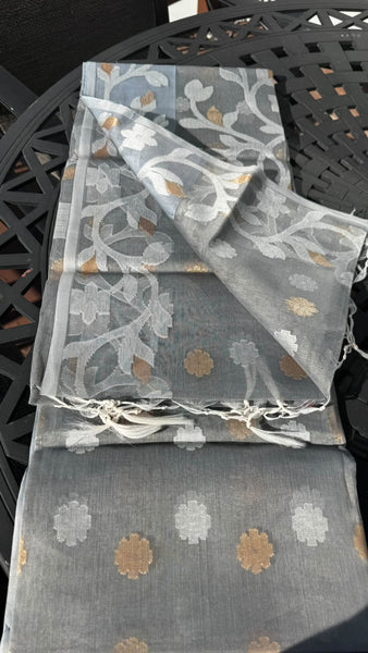Grey Dual Tone Gold and White Resham Silk Muslin Jamdani Saree