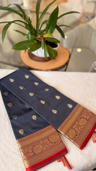 Midnight Navy Blue Grey Blended Silk Saree with Antique Gold Zari Border & Red Contrast Accents