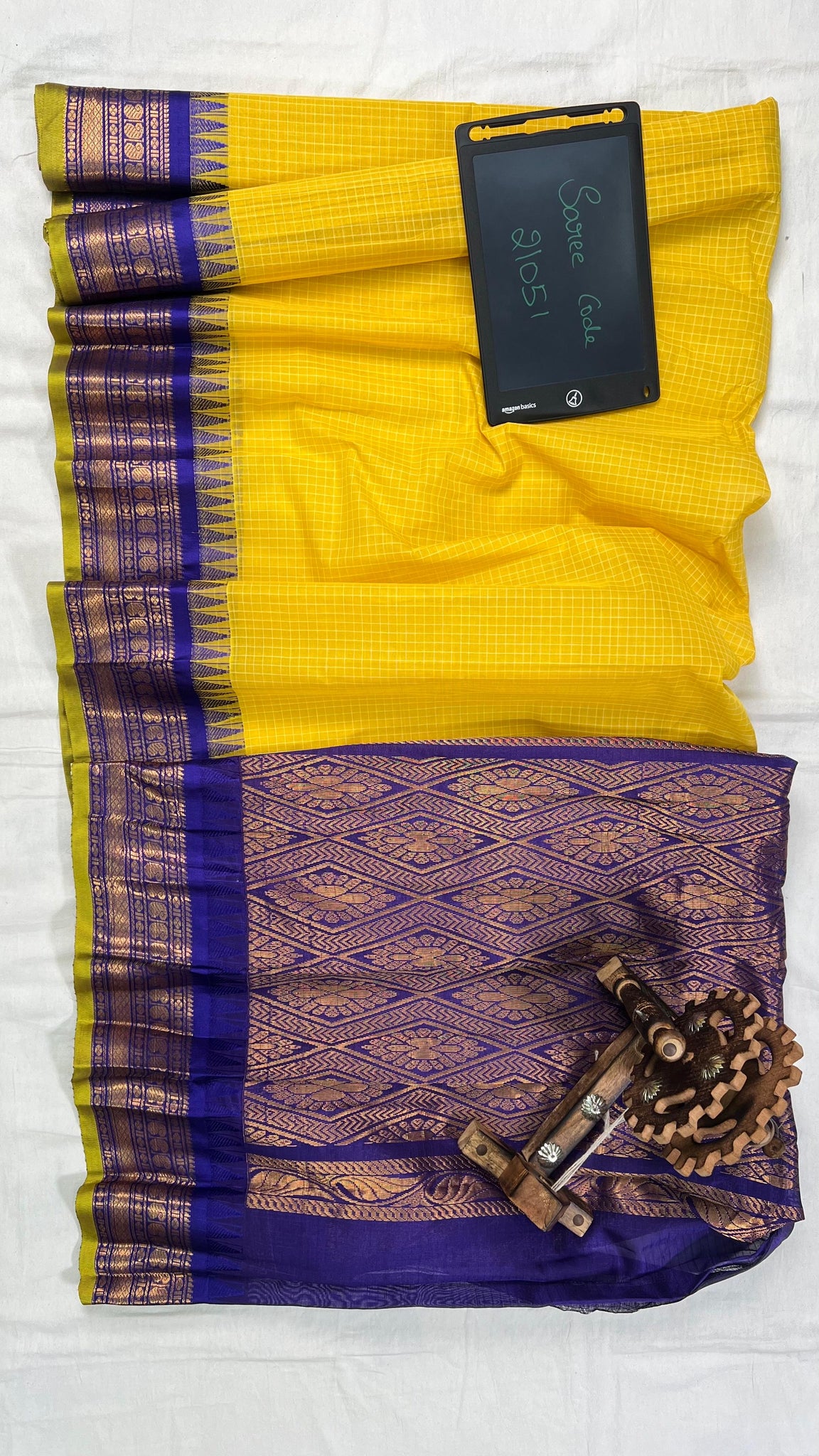 Yellow and Blue Pure Cotton Handloom Gadwal