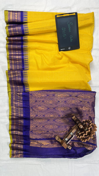 Yellow and Blue Pure Cotton Handloom Gadwal