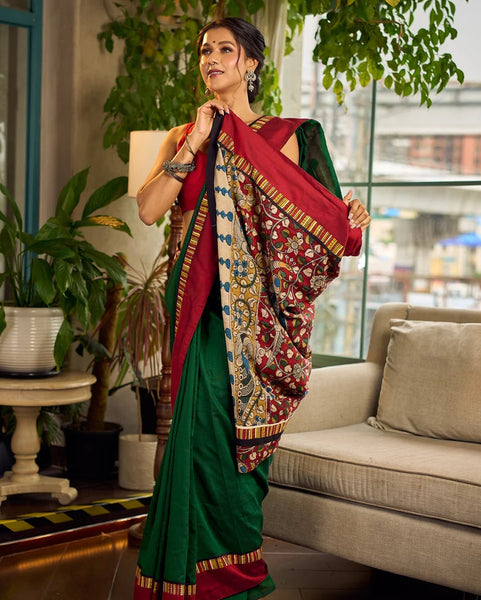 Bottle Green Cotton Saree with Contrast Maroon Border & Hand Painted Pen Kalamkari Pallu