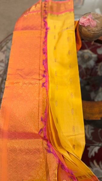 Yellow and Coral Pink Pure Silk Handloom Gadwal Saree