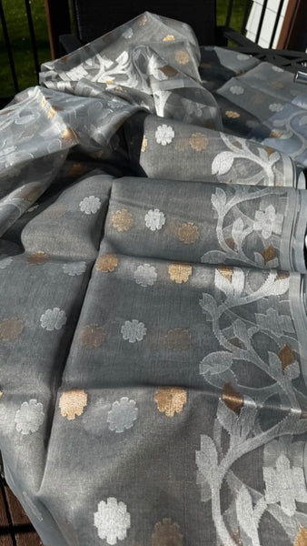 Grey Dual Tone Gold and White Resham Silk Muslin Jamdani Saree