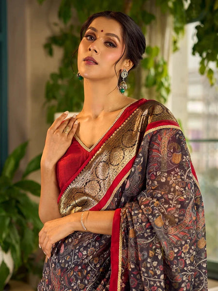 Dark Grey All-Over Kalamkari Floral Chanderi Saree with Gold Woven Zari Border & Maroon Hem Accent