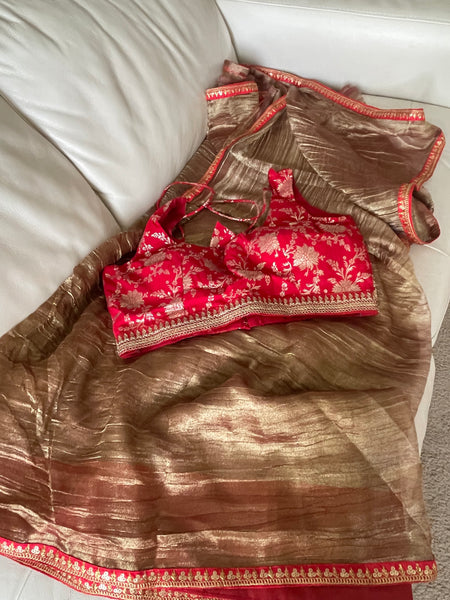 Copper Zari Tissue Saree with Red Border and Blouse