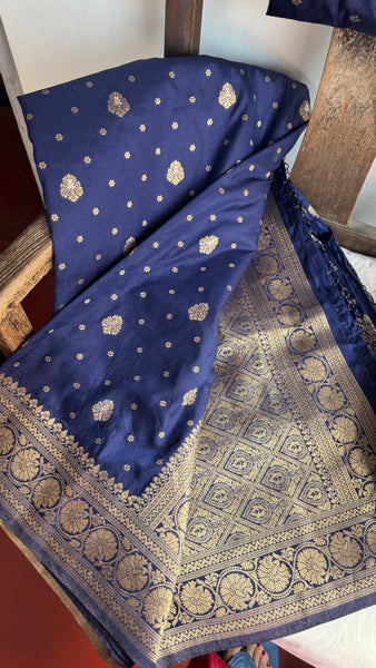 Navy Blue and Gold Pure Tussar Crepe Silk Saree
