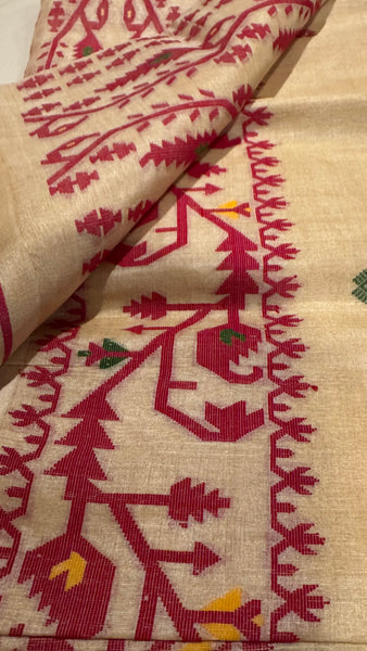 Red Handwoven Pure Tussar Silk Jamdani Saree