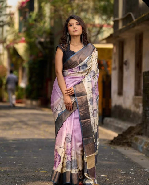 Dusty Lavender Tussar Silk Saree with Elegant Floral Print & Zari Border