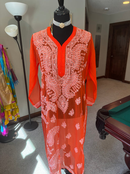 Orange Georgette Lucknowi Chikankari long Kurti