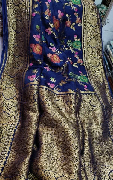 Navy Blue Floral Khadi Georgette Saree