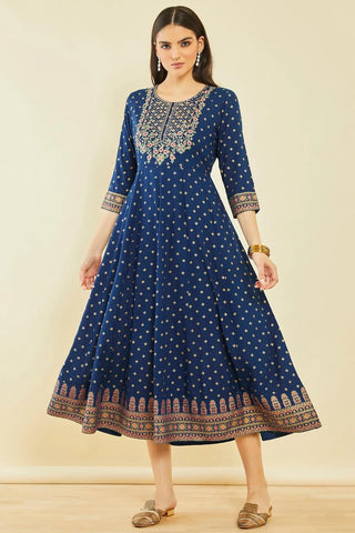 Blue Floral Embroidered Dress Kurta with Waist Tie-Up