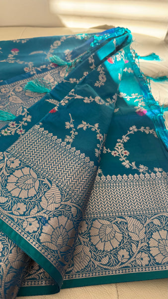 PEACOCK BLUE FLORAL SILK SAREE with SILVER ZARI BORDER