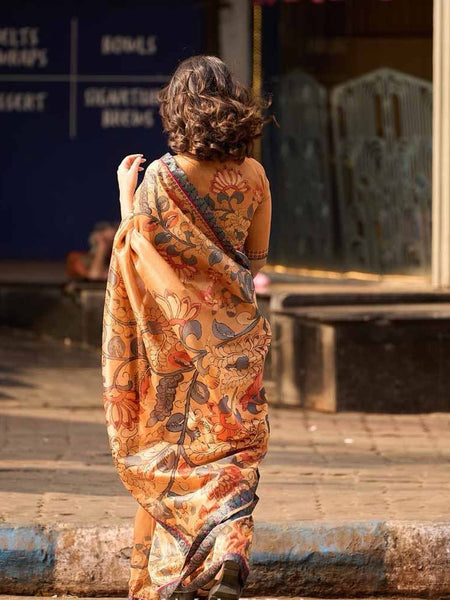 Mustard Tan Blended Silk Saree with Traditional Kalamkari Print