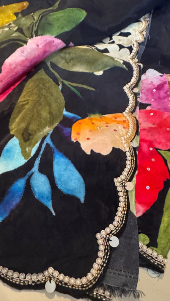 Black Multicolor Crepe digital print with pearl and Katdana borders