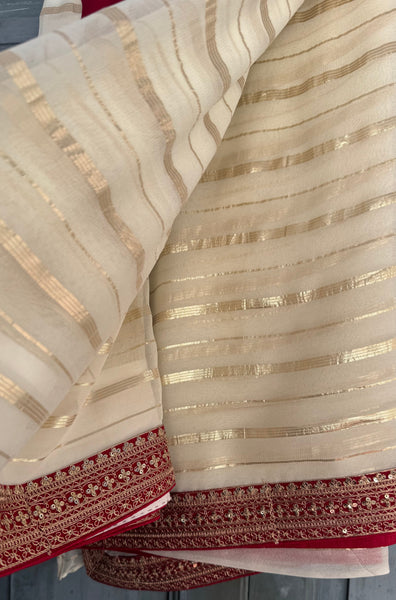 White and Red Georgette Chiffon Zardosi Saree