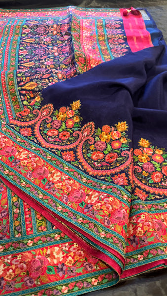Navy Blue and Pink Kani Saree with Golden Zari