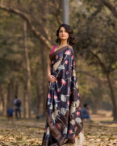 Midnight Black Tussar Silk Saree with Traditional Pichwai Print