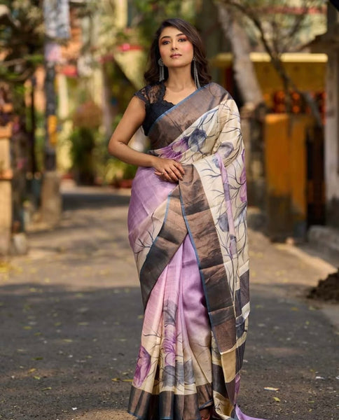 Dusty Lavender Tussar Silk Saree with Elegant Floral Print & Zari Border