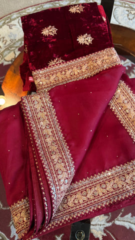 Maroon Organza Silk Saree with Mukaish work