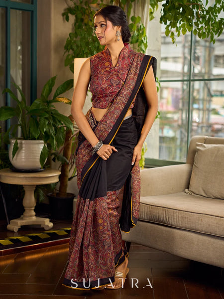 Rust-Brown Chanderi Kalamkari Floral Chanderi Saree with Contrast Black Pallu