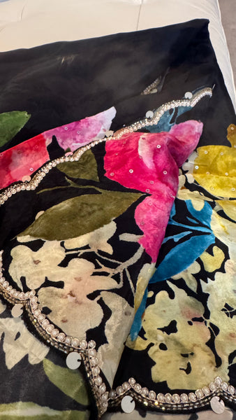 Black Multicolor Crepe digital print with pearl and Katdana borders
