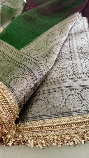 Iridescent Green Tissue Banarasi Brocade Silk Saree